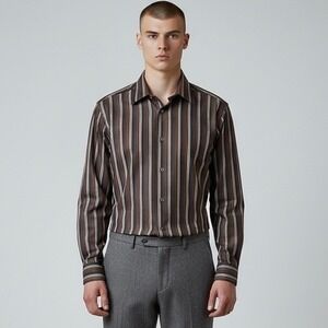 Z Zegna‎ Dress Shirt Mens 15.5-39 Brown Striped Button Down Long Sleeve Cotton